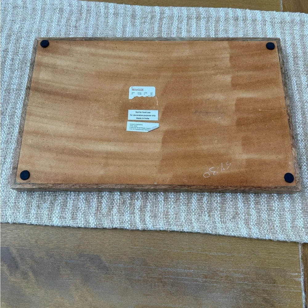 Wooden Tray with Blue Striped Design